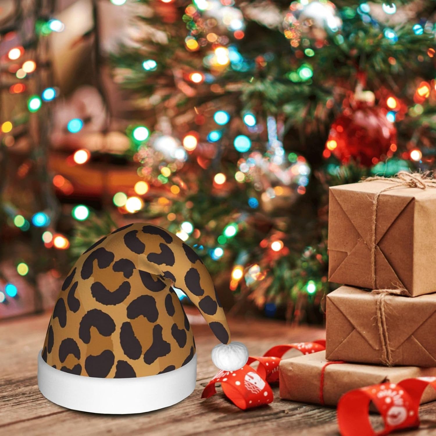 QINZHENG Yellow Leopard Print Santa Hat for Women Adult