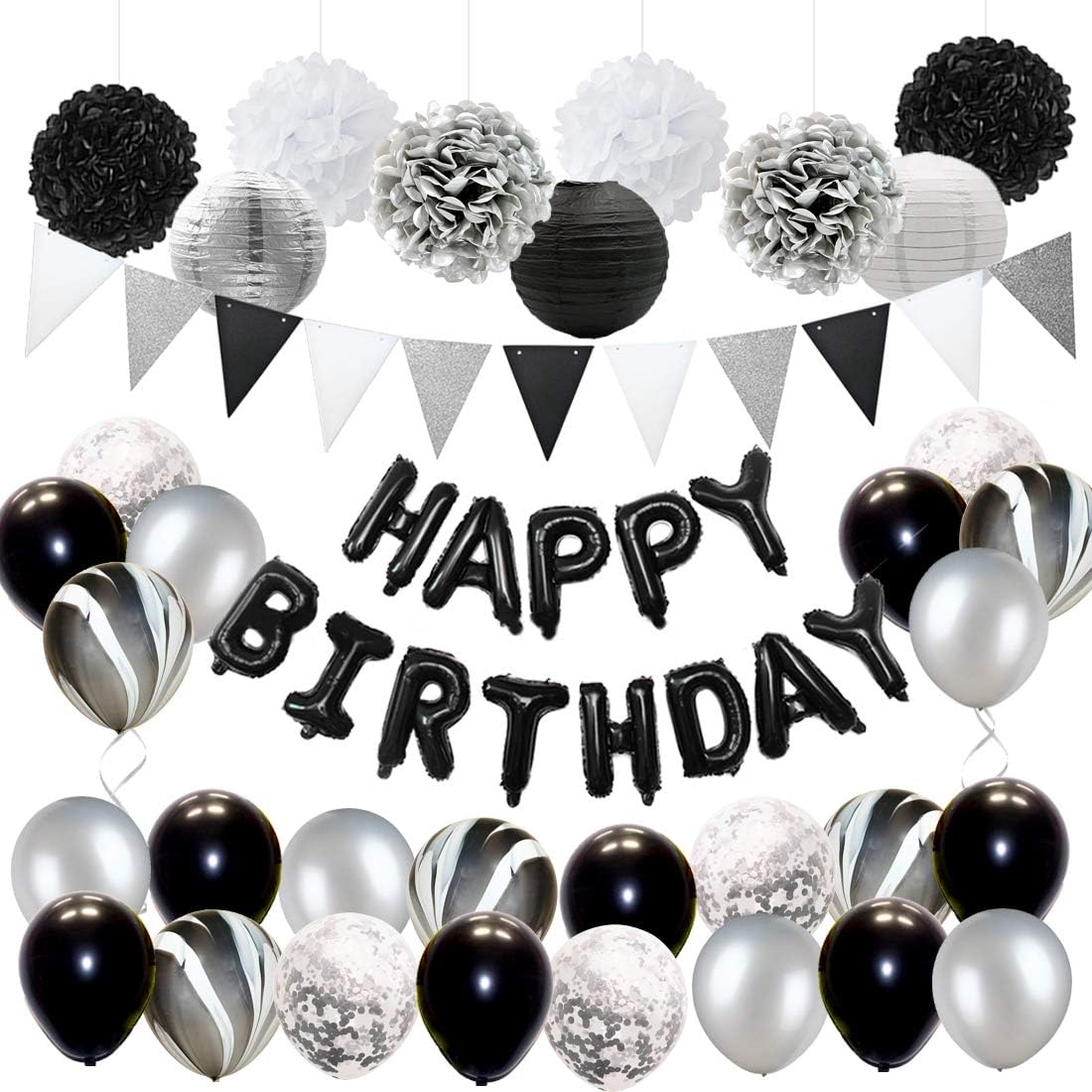 Black and Silver Birthday Party Decorations Set for Adults