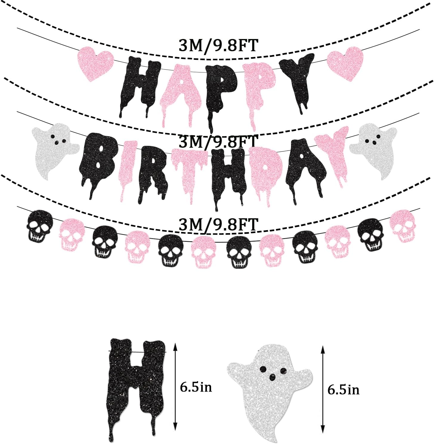 Pink Glitter Halloween Birthday Banner with Skull Heart Design