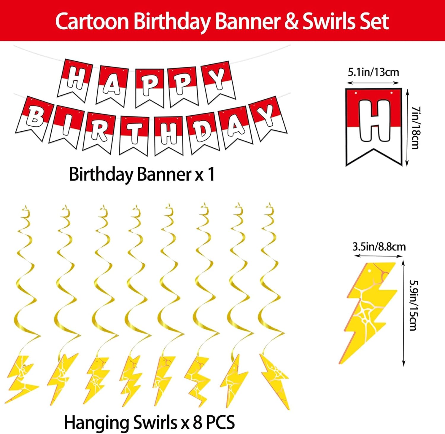 Cartoon Birthday Banner Set 8pcs Lightning Hanging Swirls Party Decorations