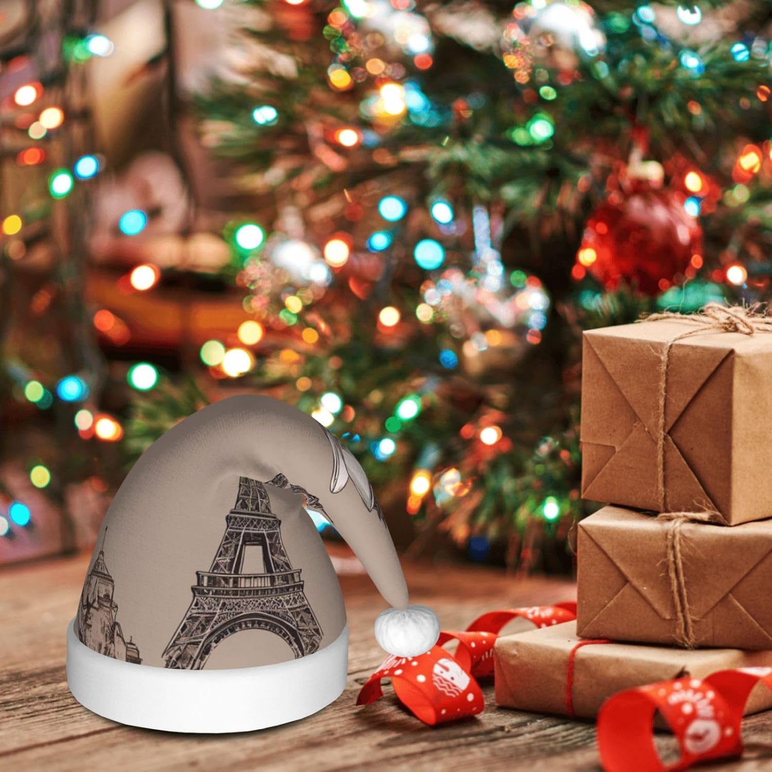 QINZHENG Personalized Santa Hat with Eiffel Tower Print