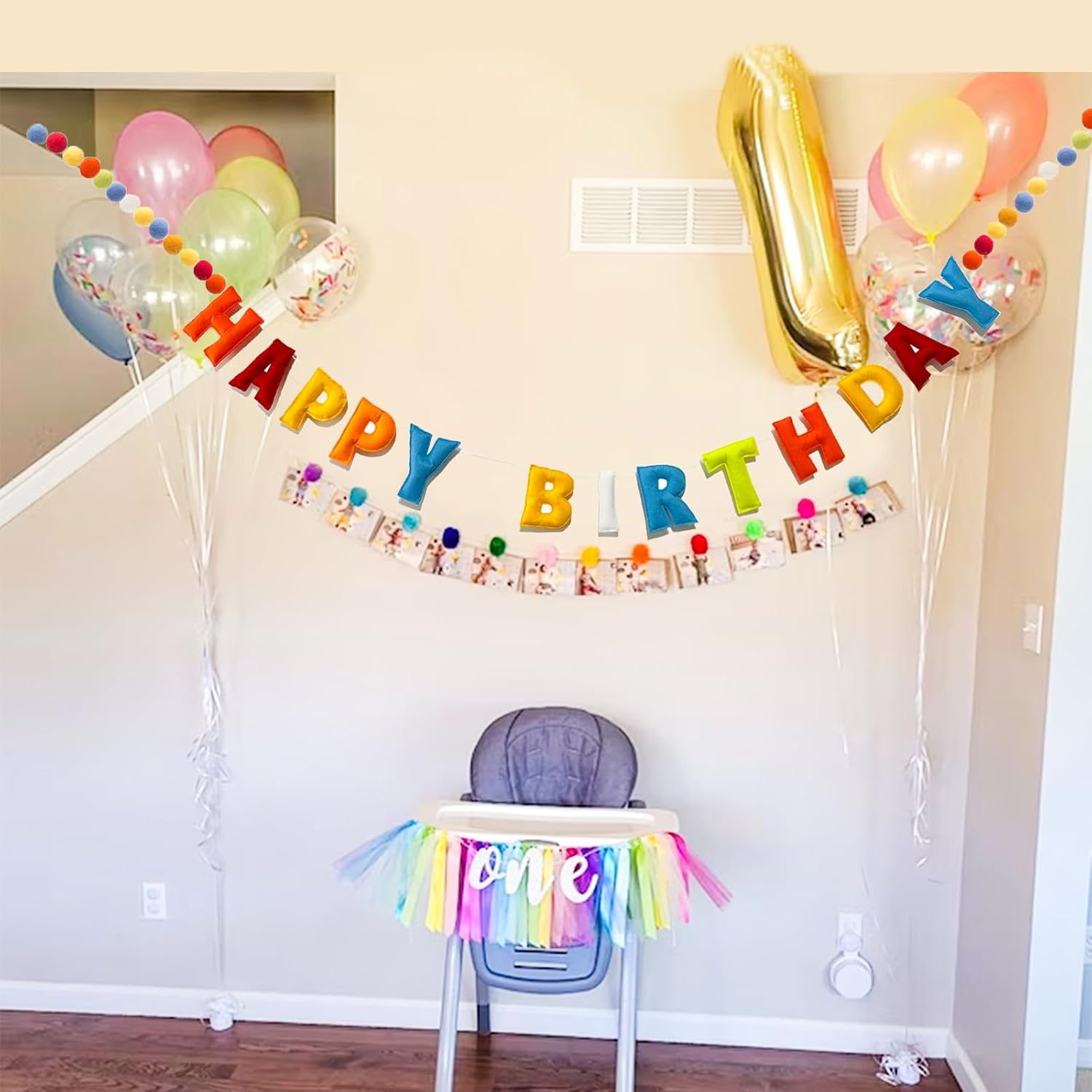 Pre-Strung Happy Birthday Banner with Wool Balls