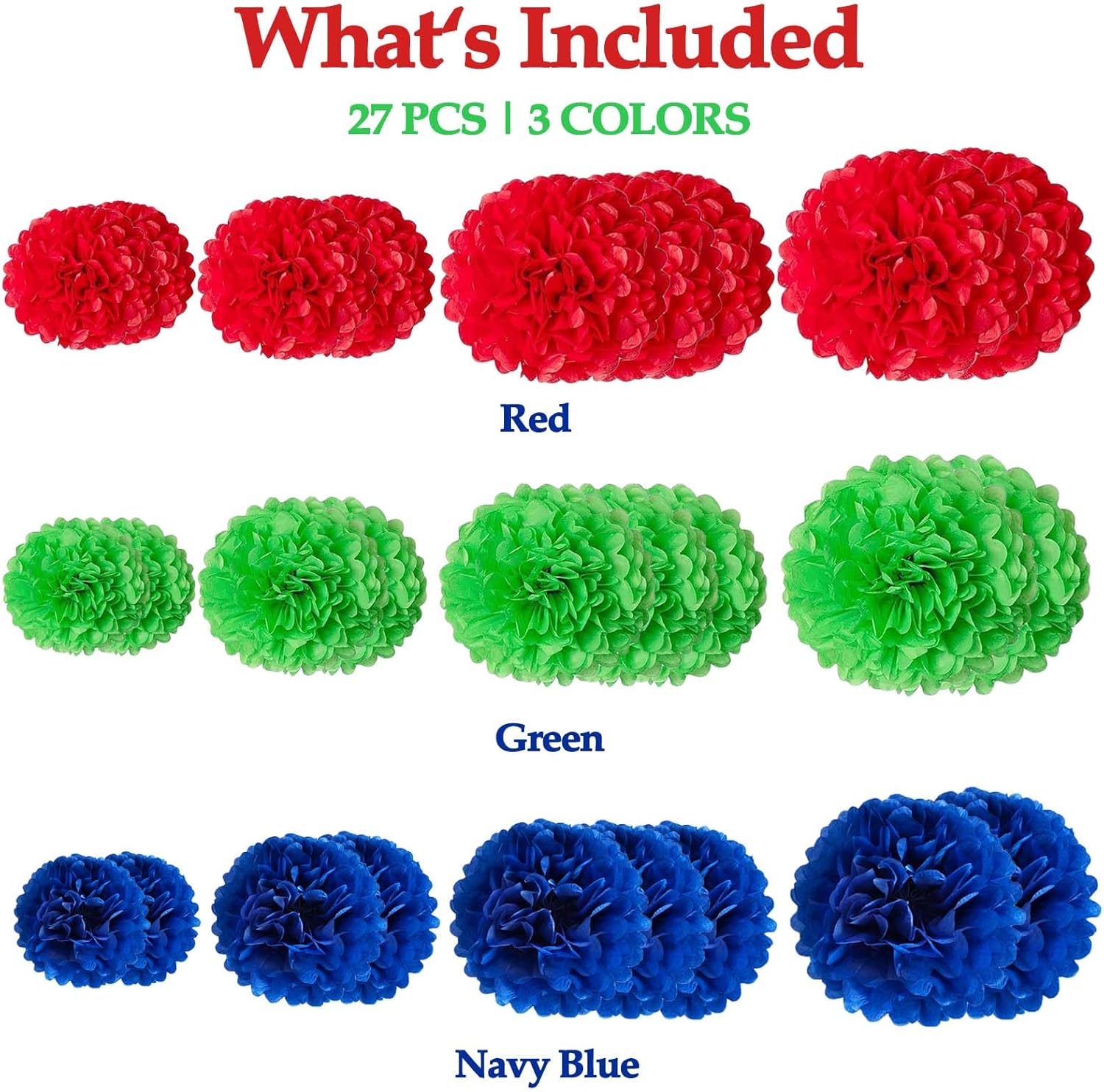 Blue Green Red Tissue Paper Pom Poms Flower Set 27PCS