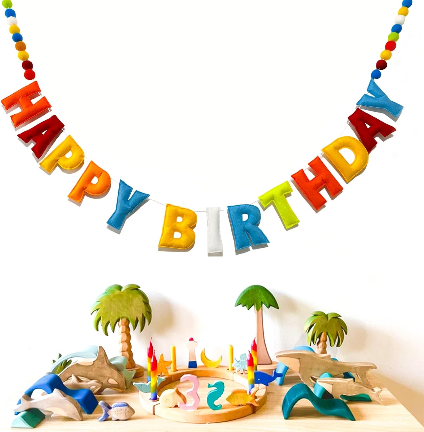 Pre-Strung Happy Birthday Banner with Wool Balls