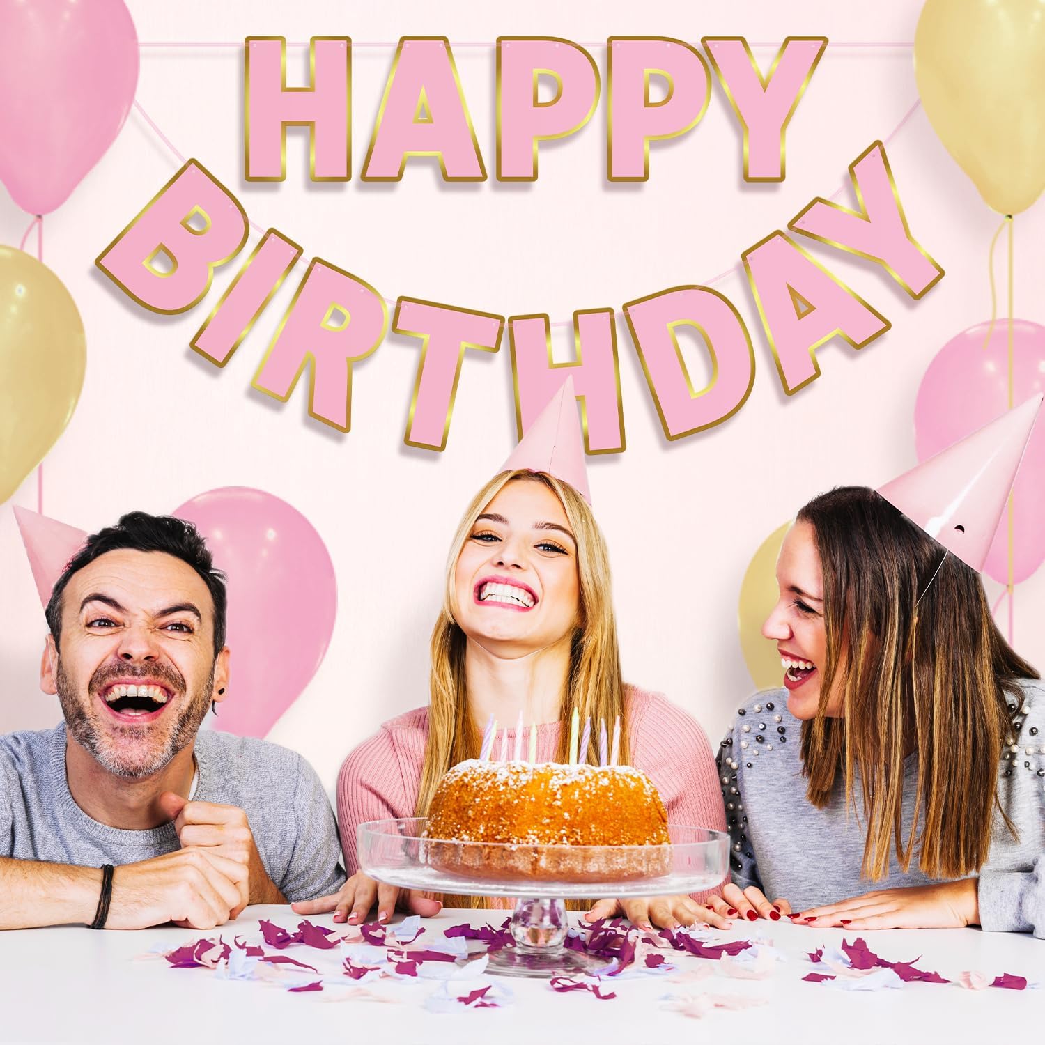 Happy Birthday Banner 9ft Pink Gold Pre-Strung Decor