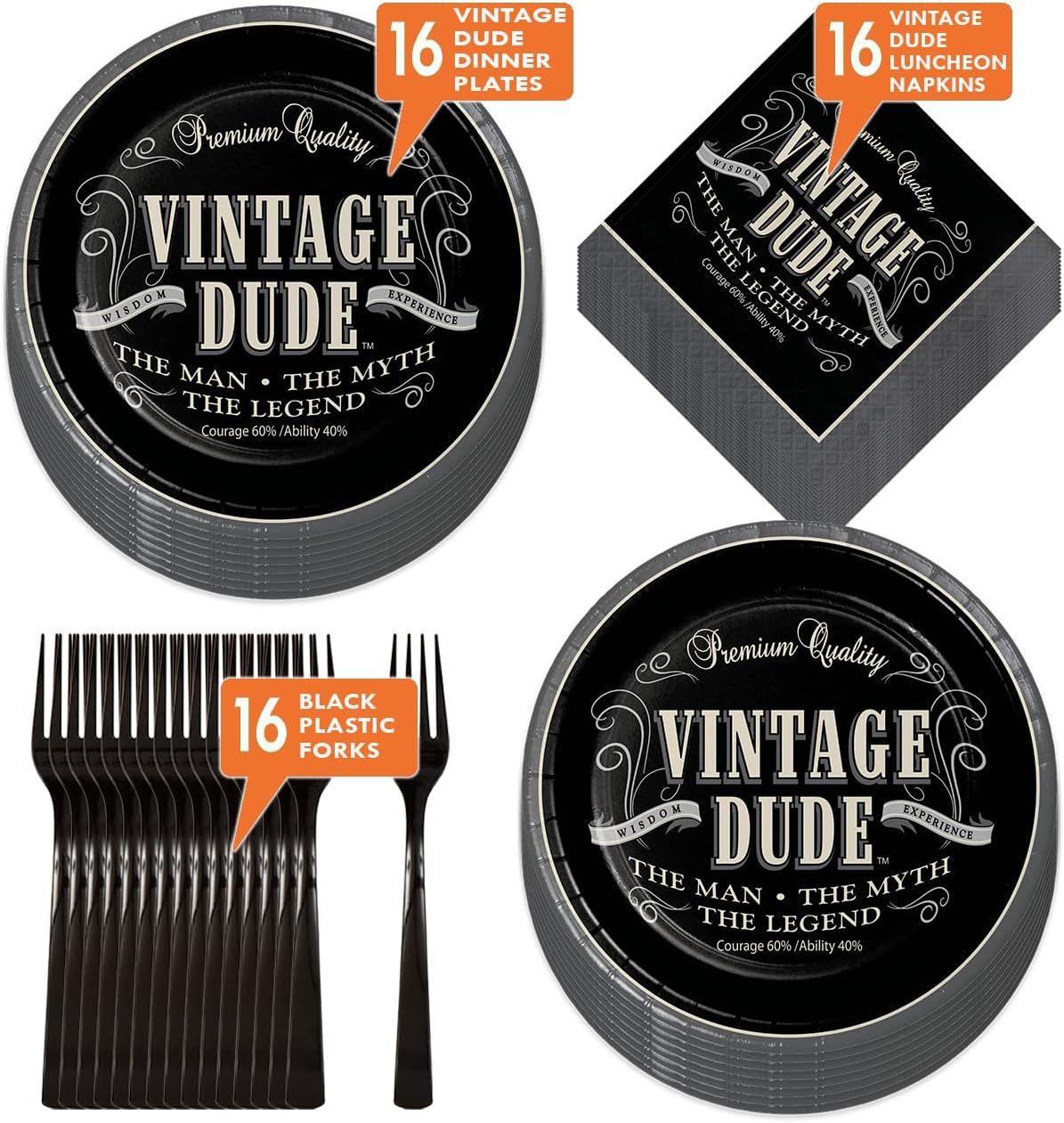 Vintage Dude Party Supplies - 16 Piece Set