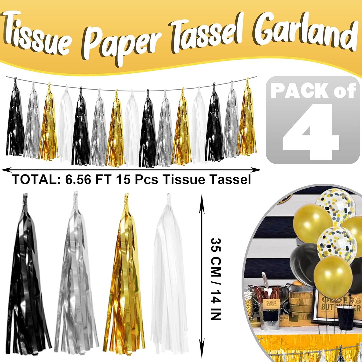 4P Black Gold Silver Foil Fringe Tassel Garland Decorations