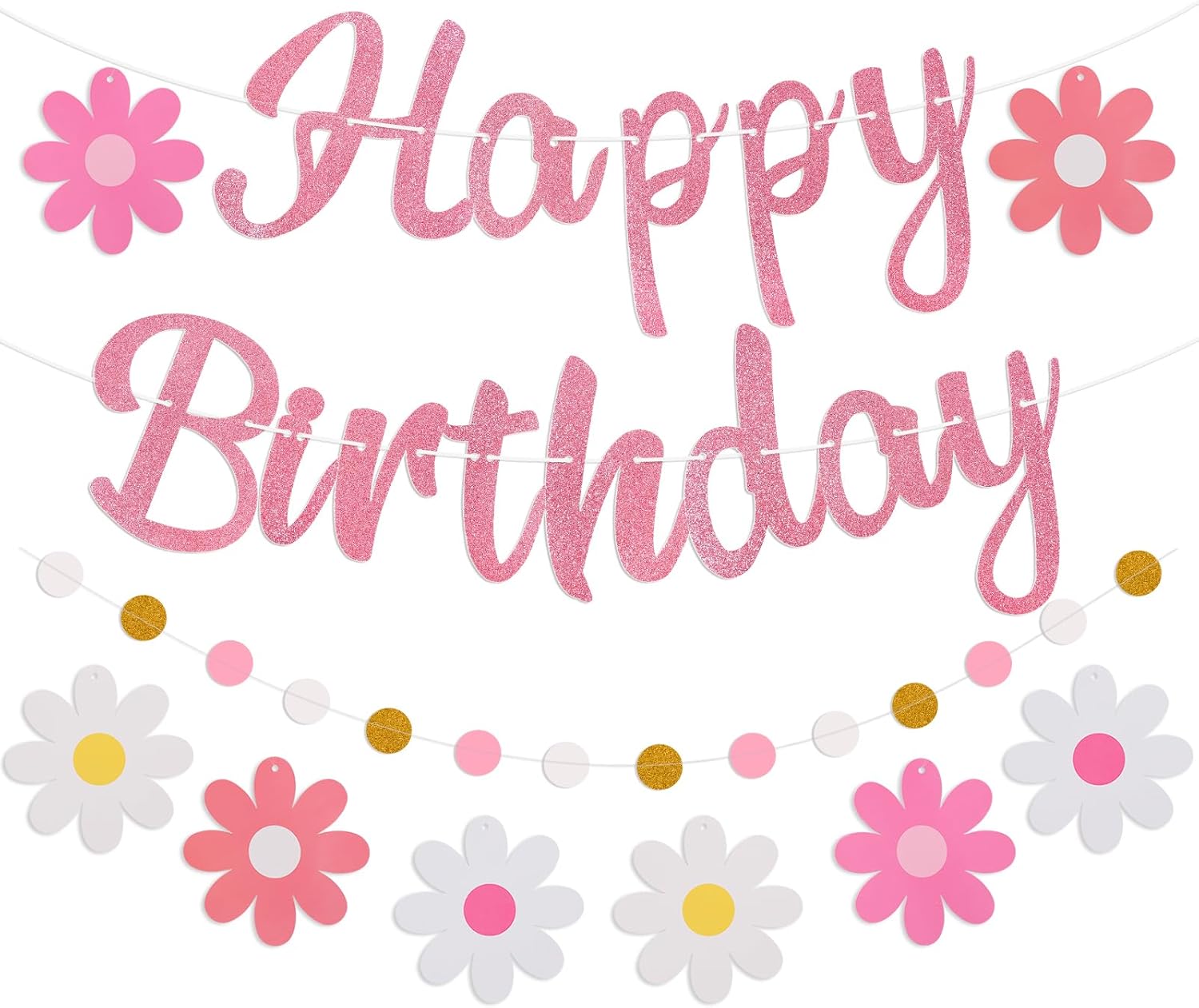 Pink Birthday Banner with Flowers and Garland