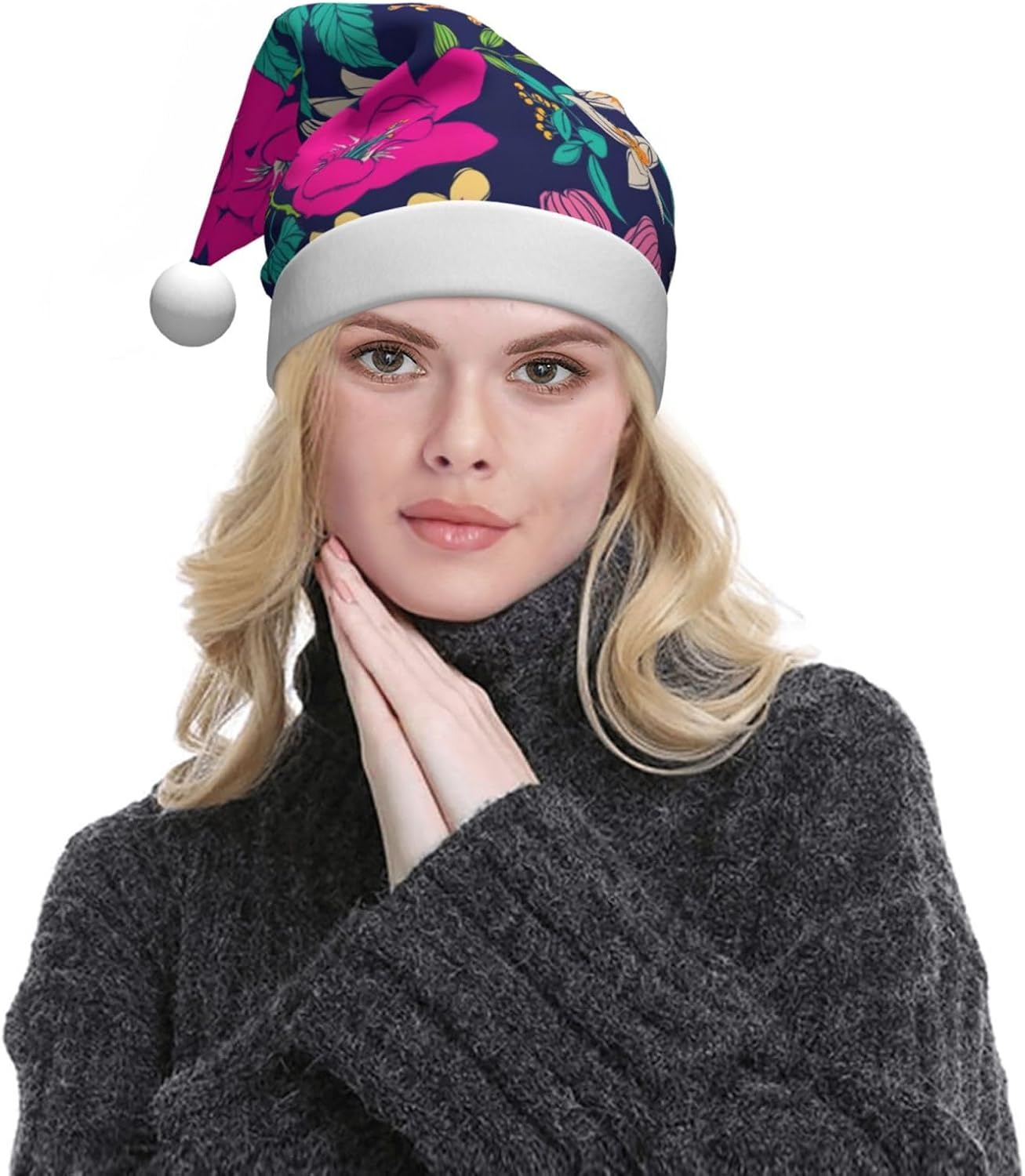 QINZHENG Personalized Santa Hat with Flowers Print