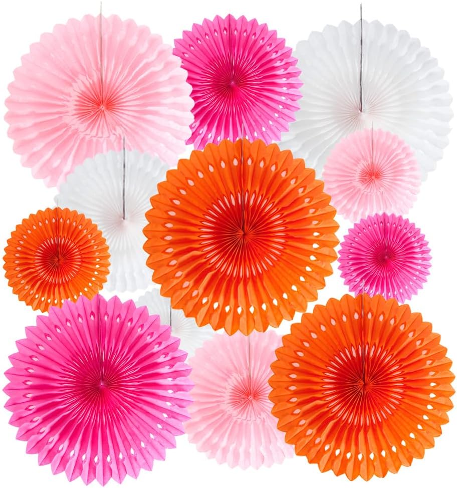 Hot Pink Orange White Tissue Paper Fans 12 Count