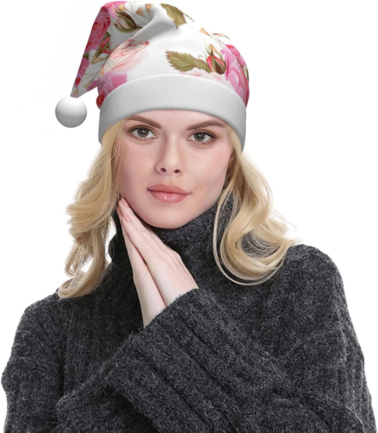 QINZHENG Personalized Rose Flower Santa Hat for Women Christmas Gift