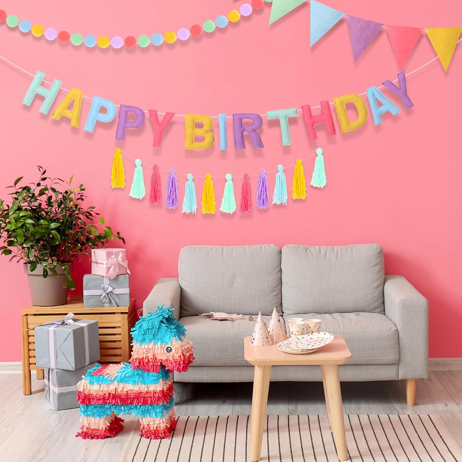 4 Pcs Felt Birthday Banner Set with Garland and Flags
