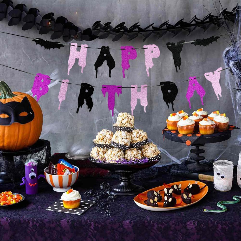 Happy Birthday Halloween Banner with Glitter Bats