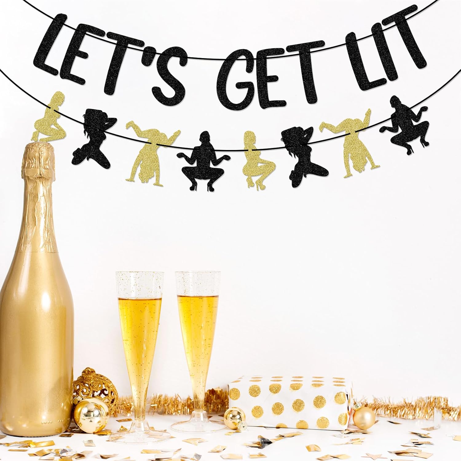 Lets Get Lit Black Gold Glitter Banner