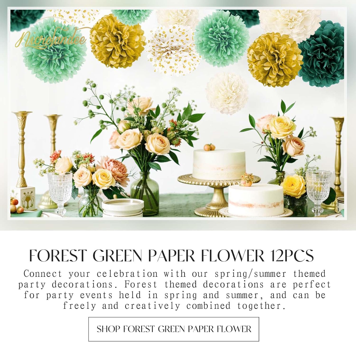 NICROLANDEE Green Tissue Pom Poms - 12PCS for Weddings and Parties