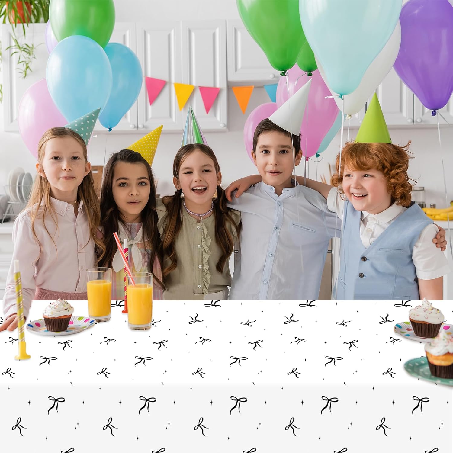 4Pcs Black White Bow Tablecloth for Birthday Party Decorations
