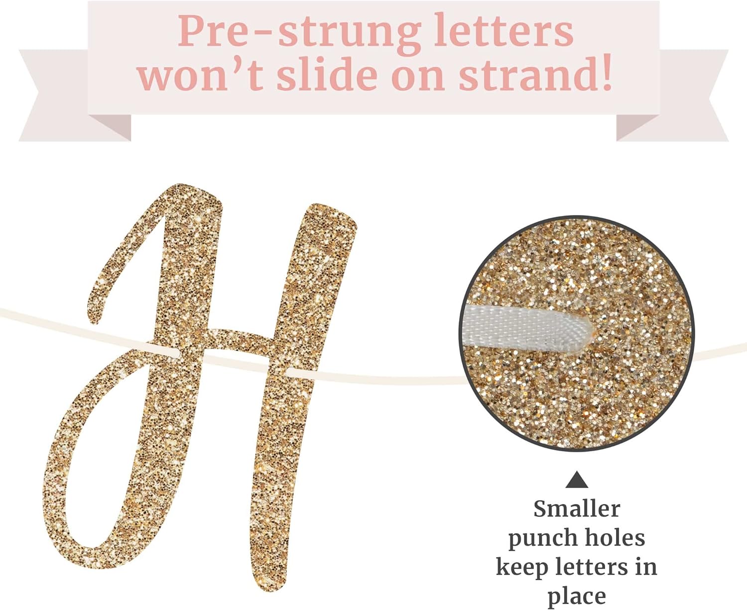 Pre-Strung Happy Anniversary Banner - Gold Glitter Wedding Decor