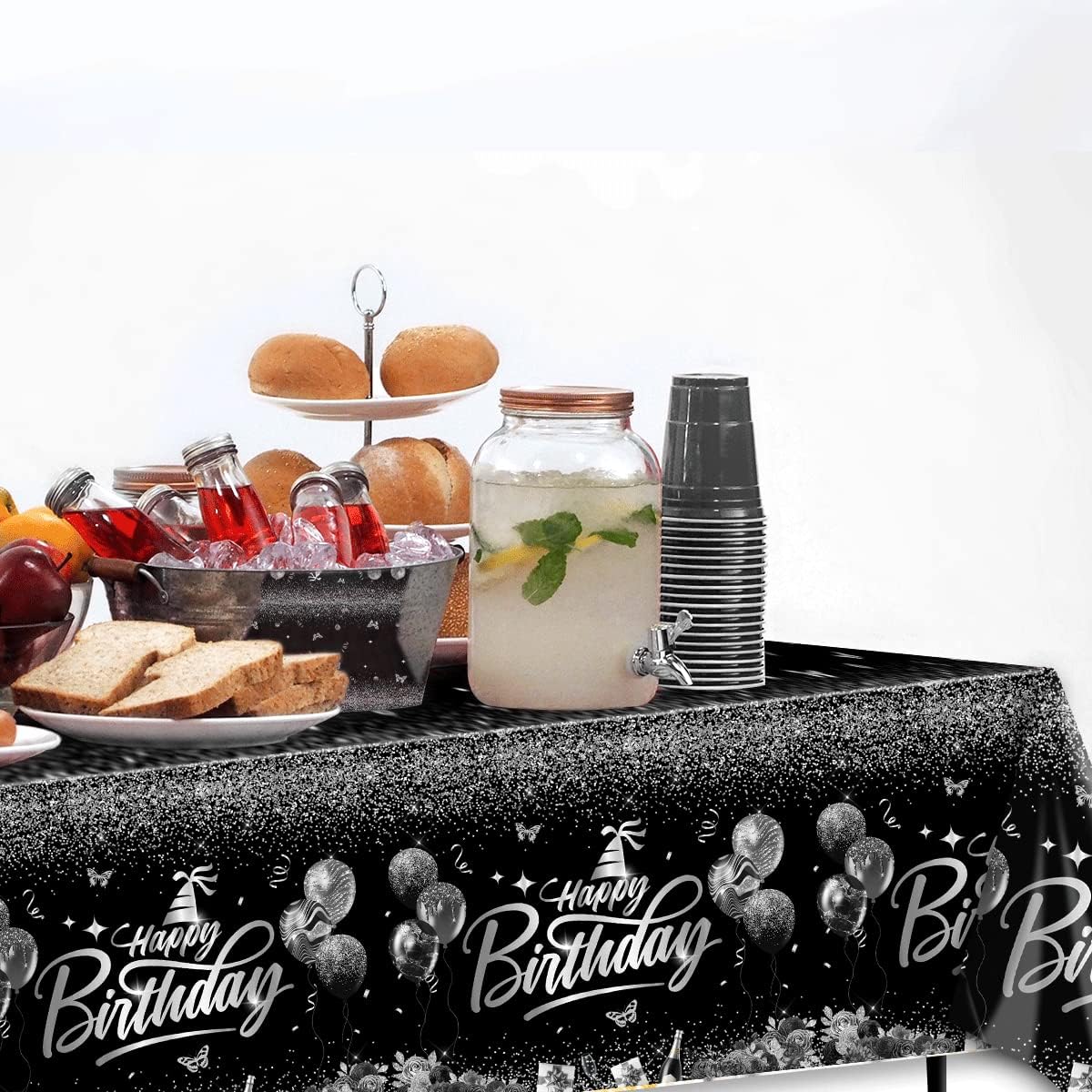 Happy Birthday Decorations 3pcs Silver Black Tablecloth