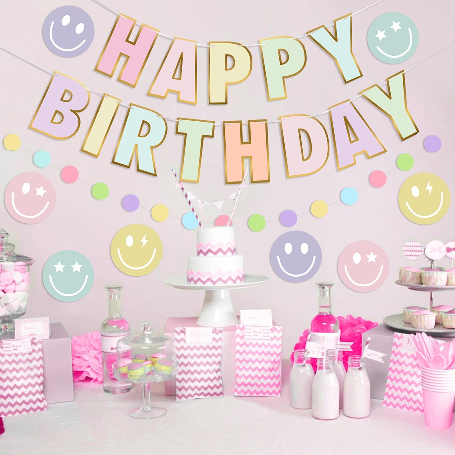 Danadia Pastel Birthday Banner with Smiley Face and Circle Dot Garland