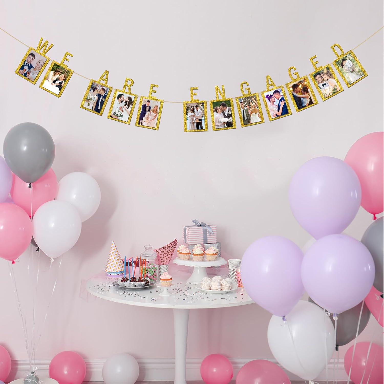 INNORU Engagement Photo Banner with Gold Glitter Letters