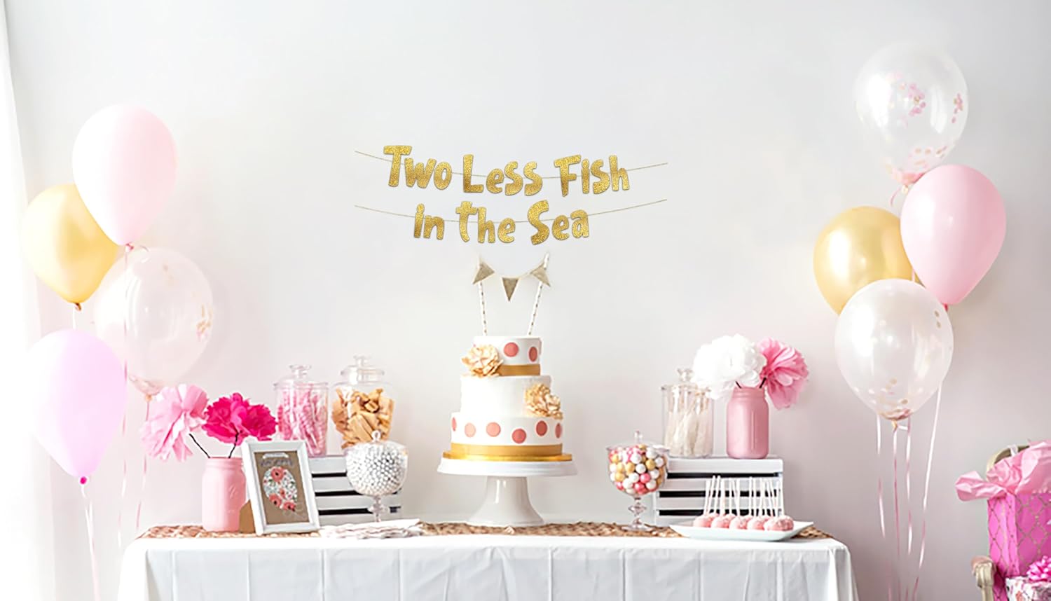 Funny Bachelorette Party Gold Glitter Banner - Two Less Fish In The Sea