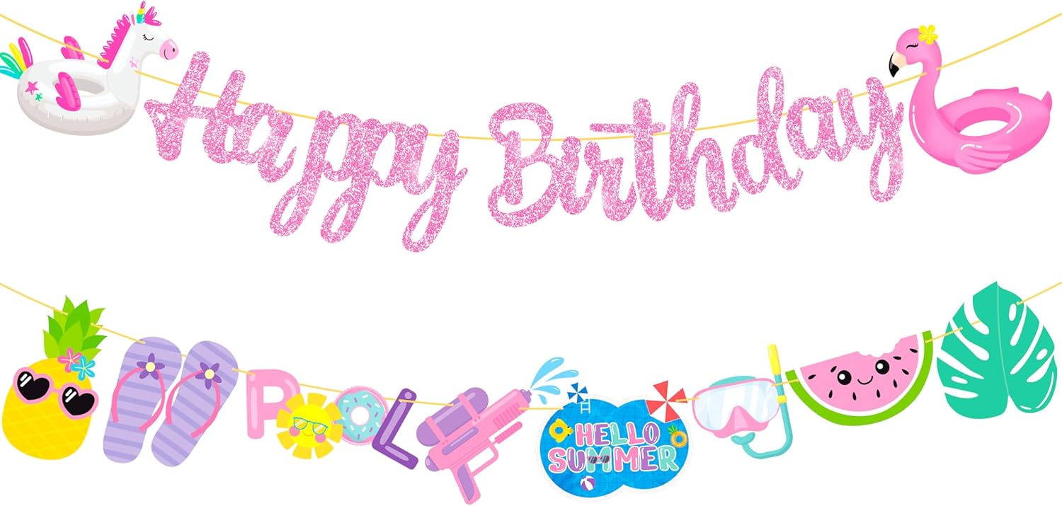 Pool Birthday Party Banners 2pcs Glitter Pink Hawaii Decorations