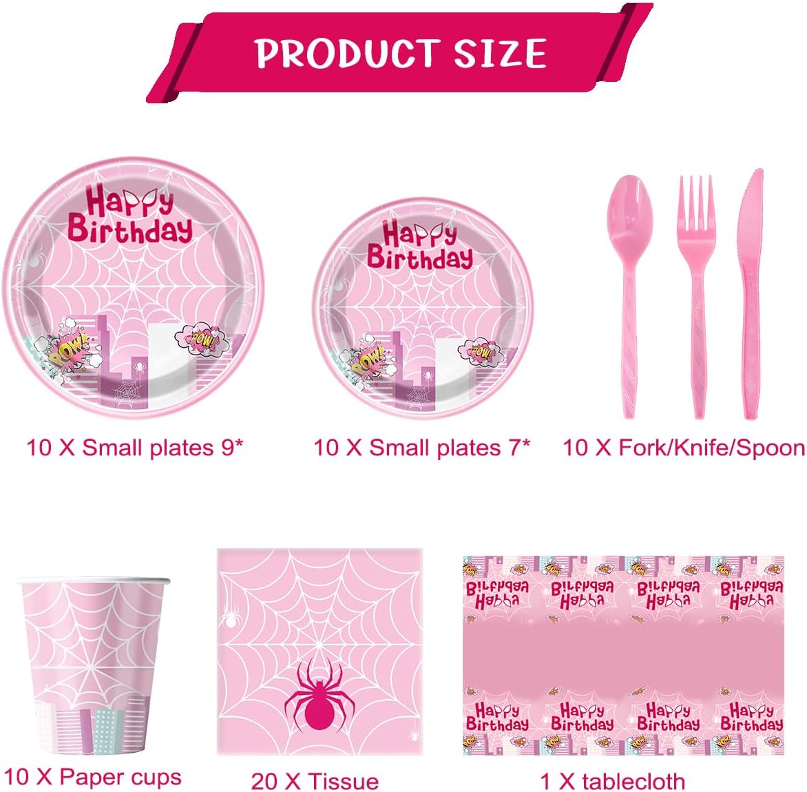 OU RUI 81 Pcs Pink Spider Party Tableware Set