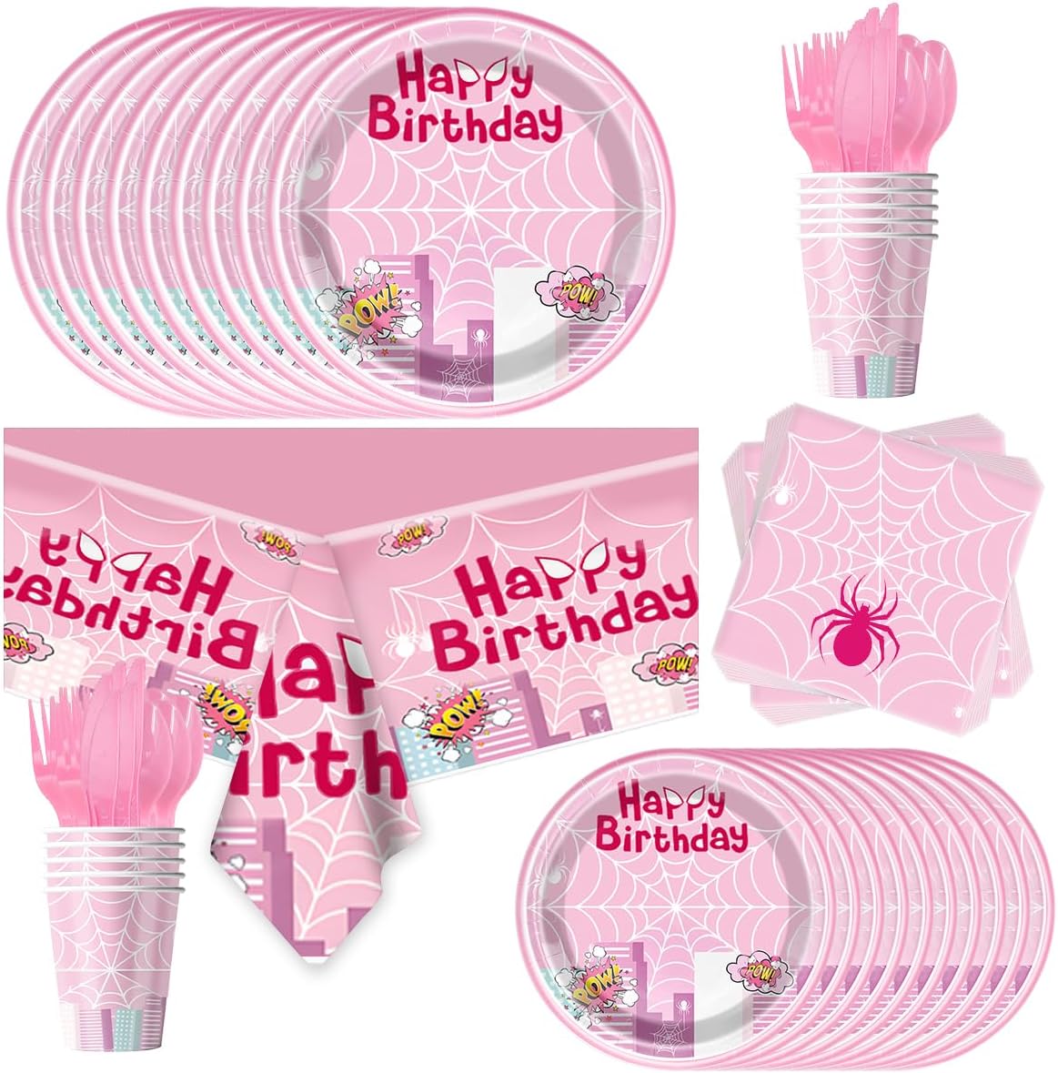 OU RUI 81 Pcs Pink Spider Party Tableware Set