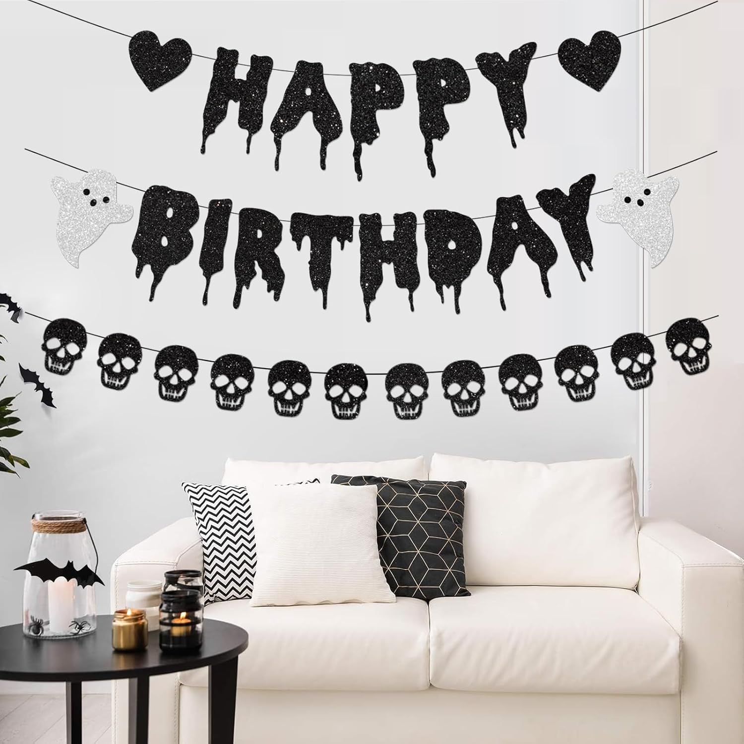 Black Glitter Halloween Birthday Banner with Skull and Heart