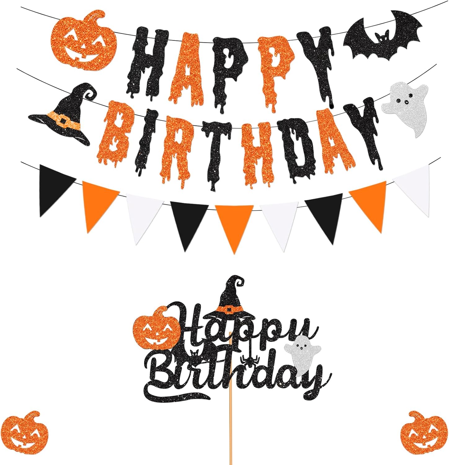 Glitter Halloween Birthday Banner with Cake Toppers