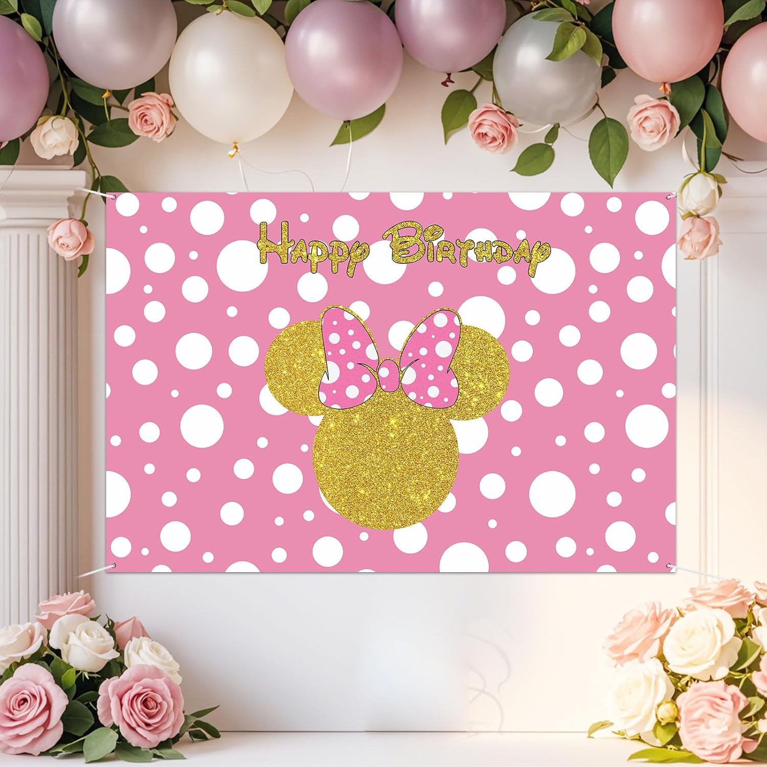 Happy Birthday Mouse Girl Themed Backdrop Pink Cartoon Party Decorations