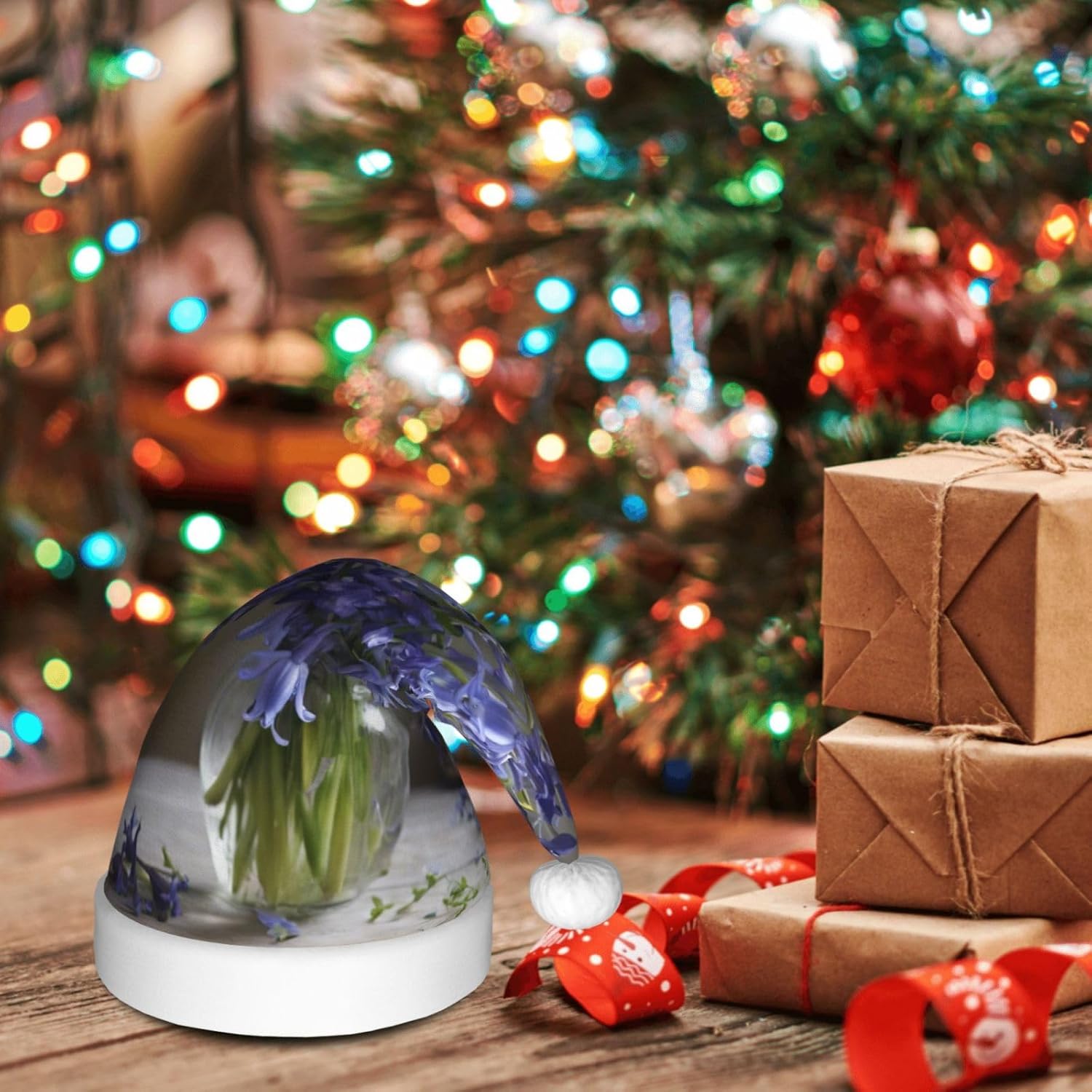 QinZheng Personalized Santa Hat with Bluebell Bouquet Print