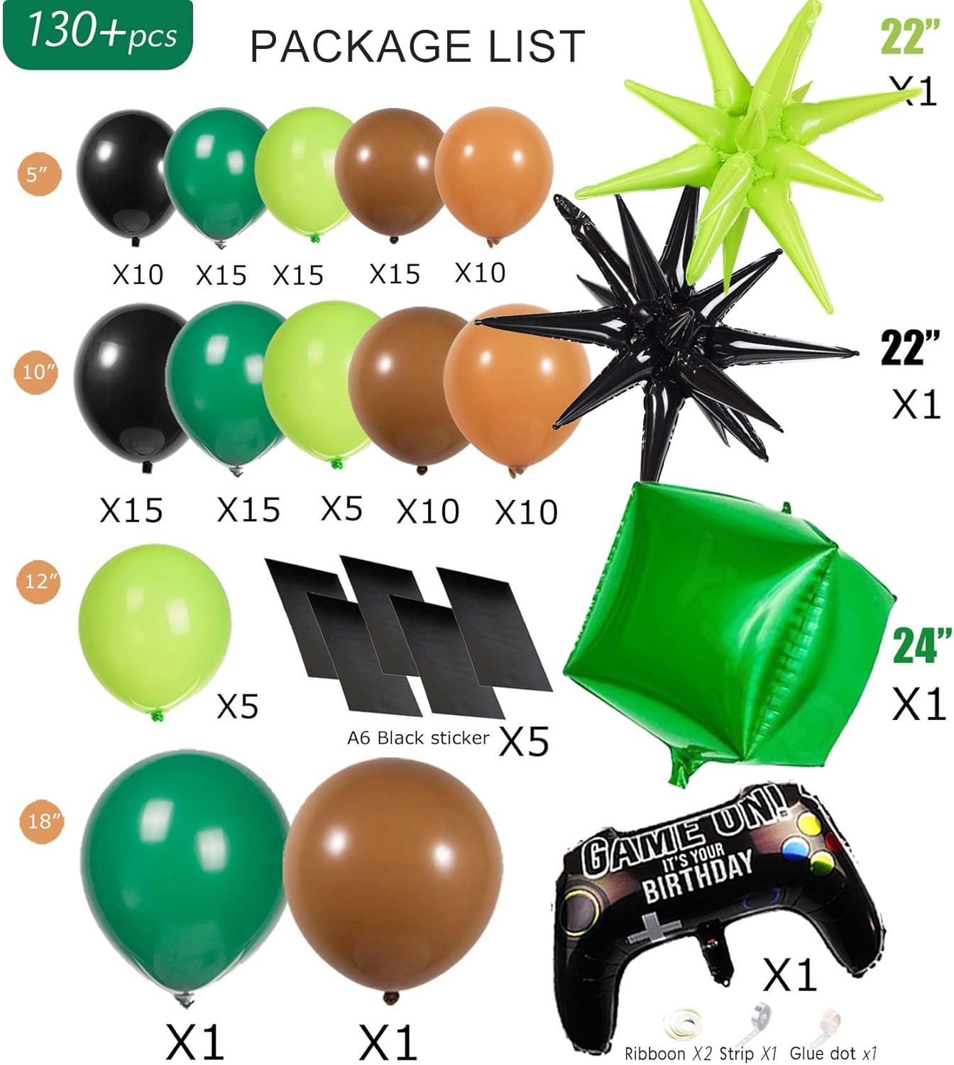 Video Game Balloon Garland Kit 135pcs Green Black Brown