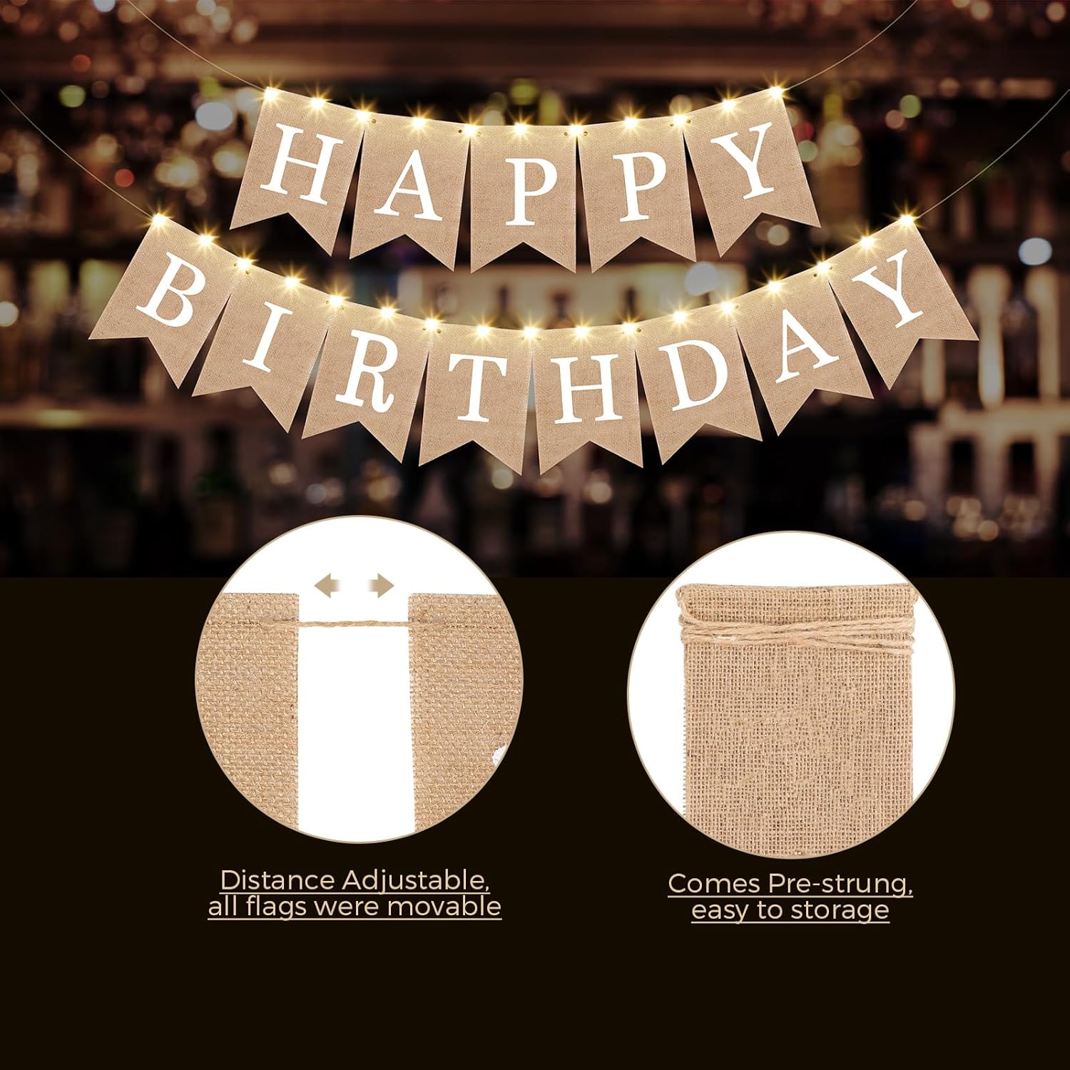 Breling 2 Piece Burlap Birthday Banner with LED Lights Decor