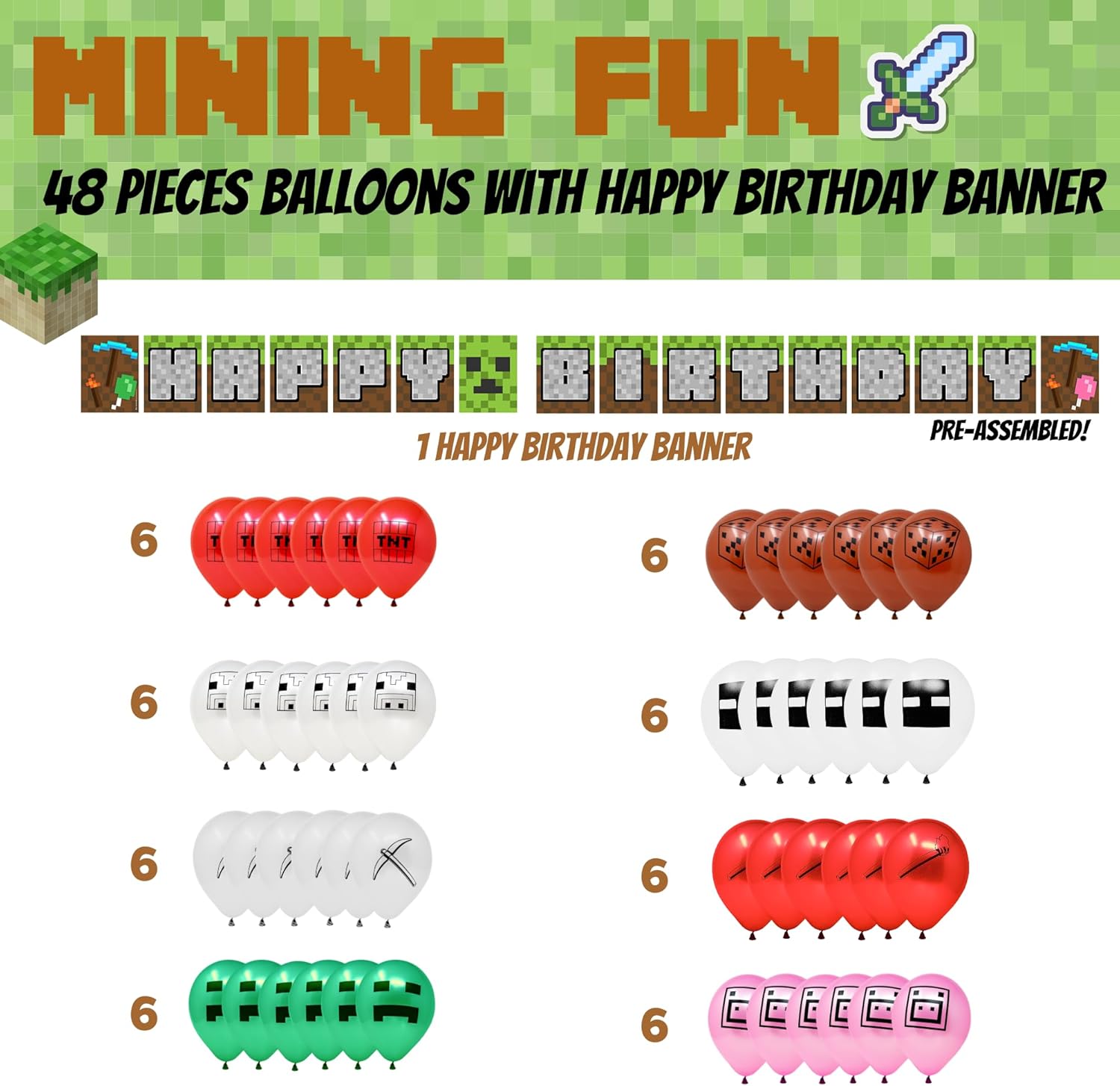 Mining Fun Banner and 48 Pcs Balloons Party Decor
