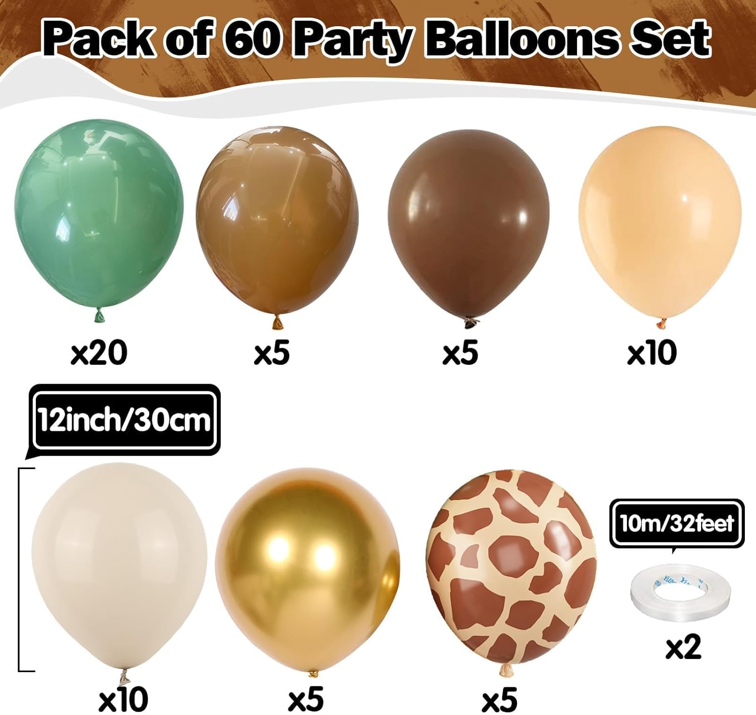 Green Brown Balloons 60 Pcs for Birthday Party Decorations