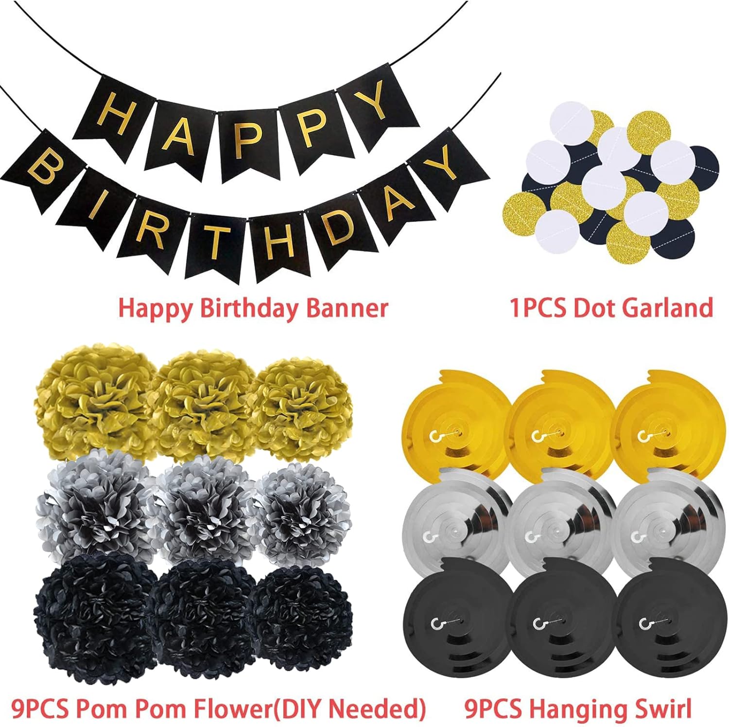 Black and Gold Happy Birthday Banner with Pom Poms and Garland