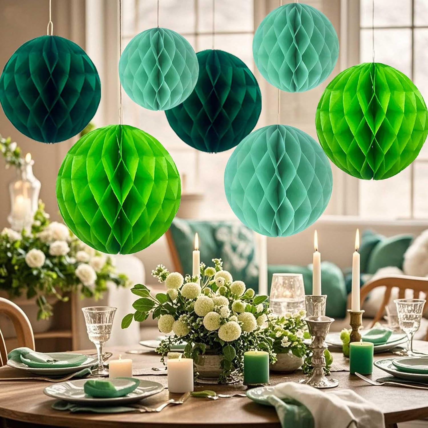 Green Paper Honeycomb Flower Balls 12 Pcs