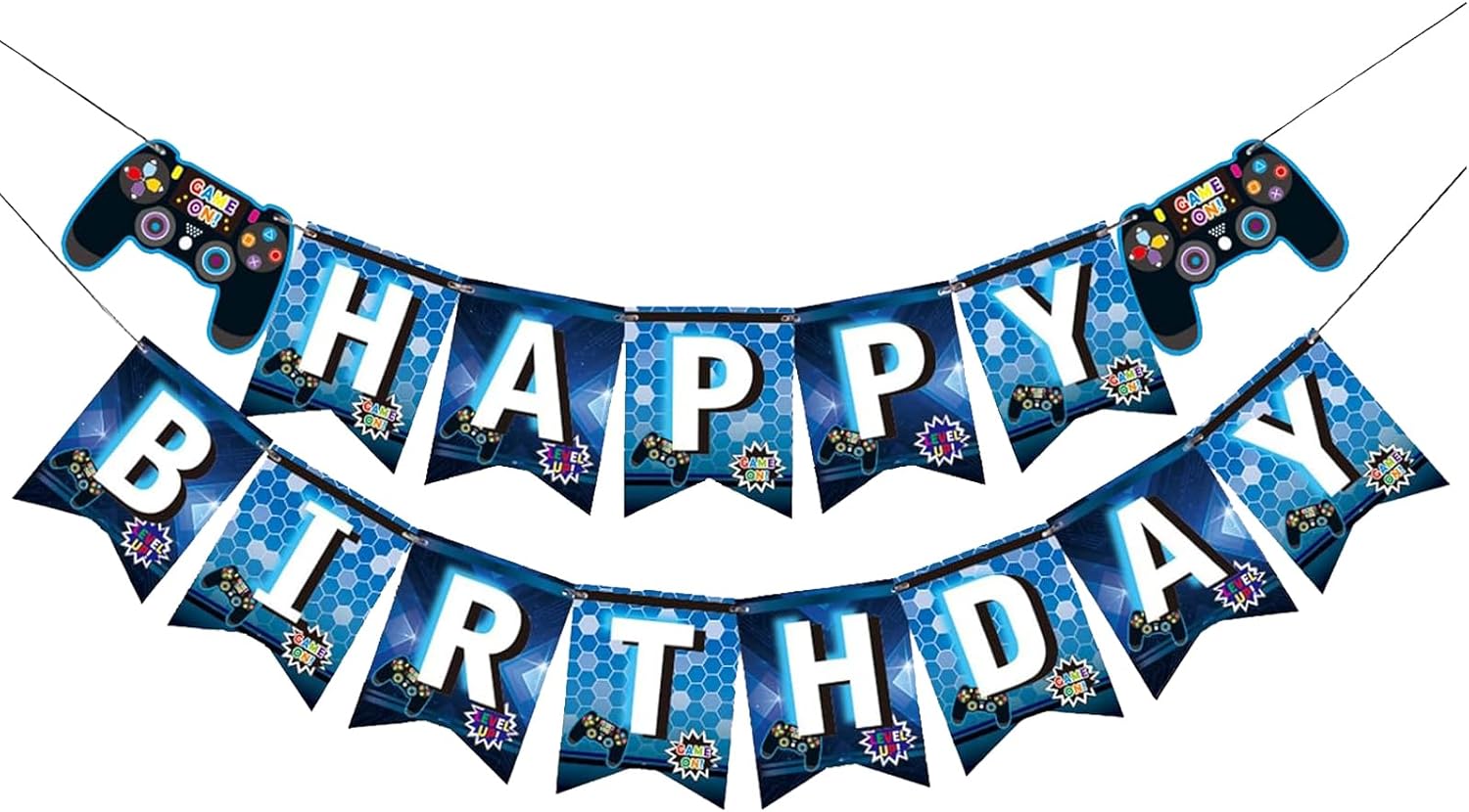 Gaming Birthday Banner for Kids Blue Party Decorations