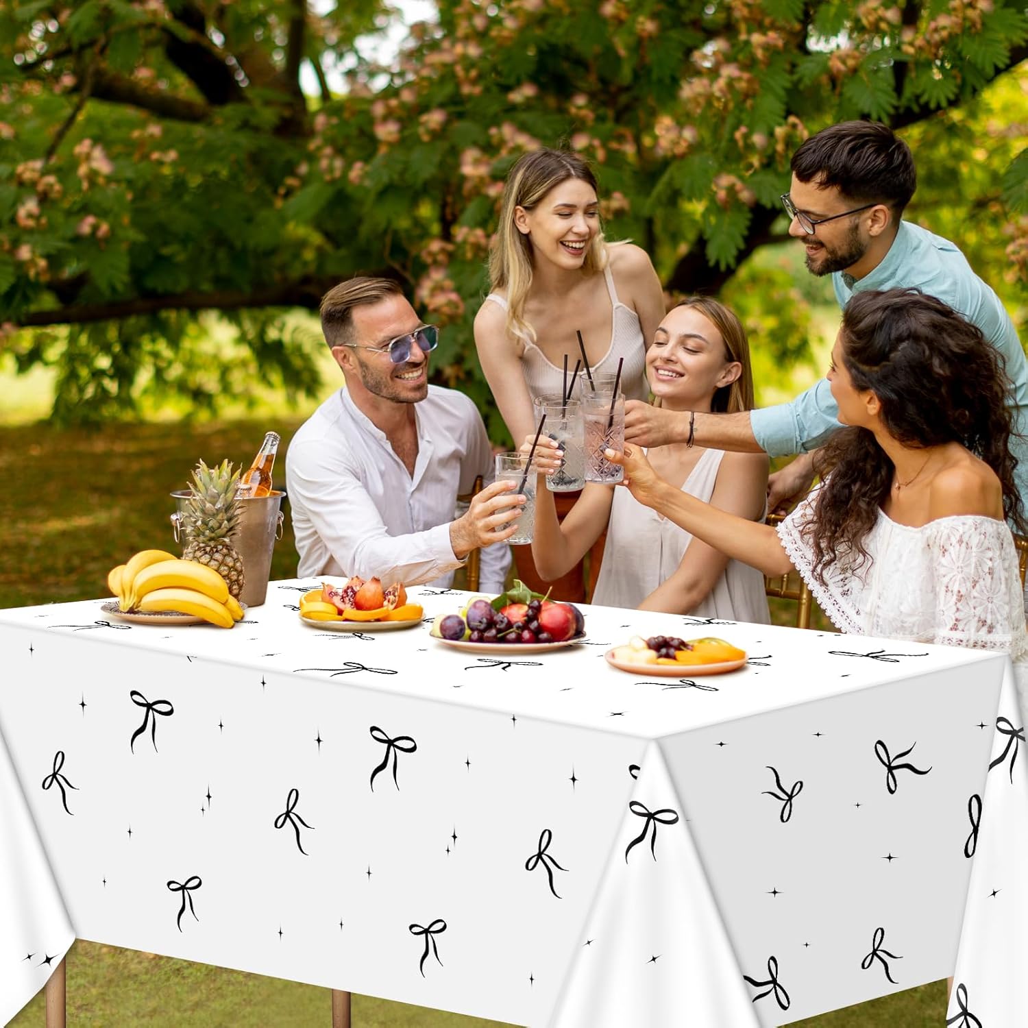 4Pcs Black White Bow Tablecloth for Birthday Party Decorations