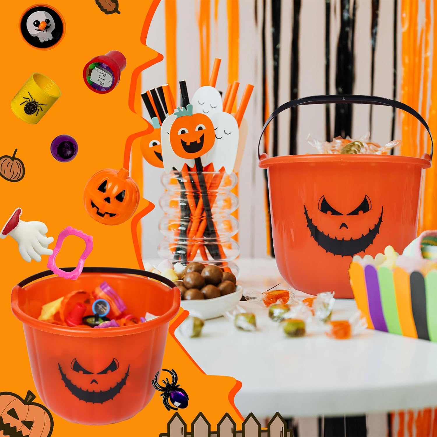 Novelinks Halloween Party Favors 96PCS Plastic Pumpkin Bucket Toys Set