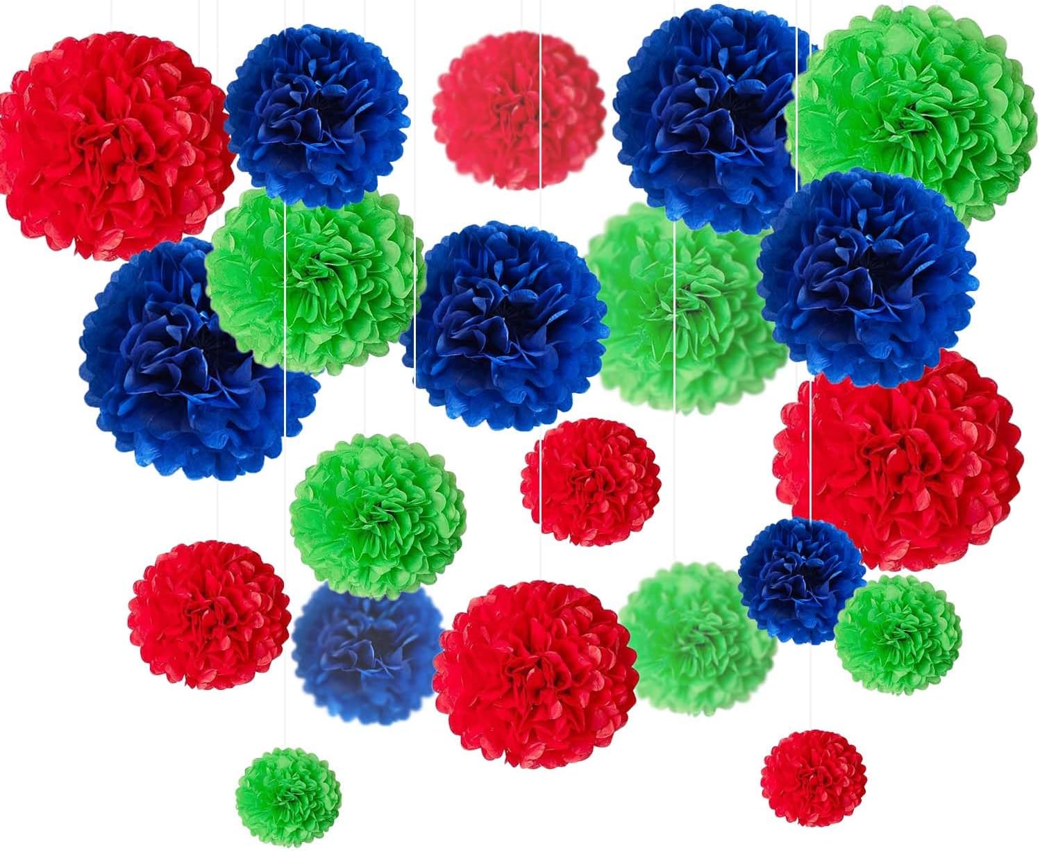Blue Green Red Tissue Paper Pom Poms Flower Set 27PCS
