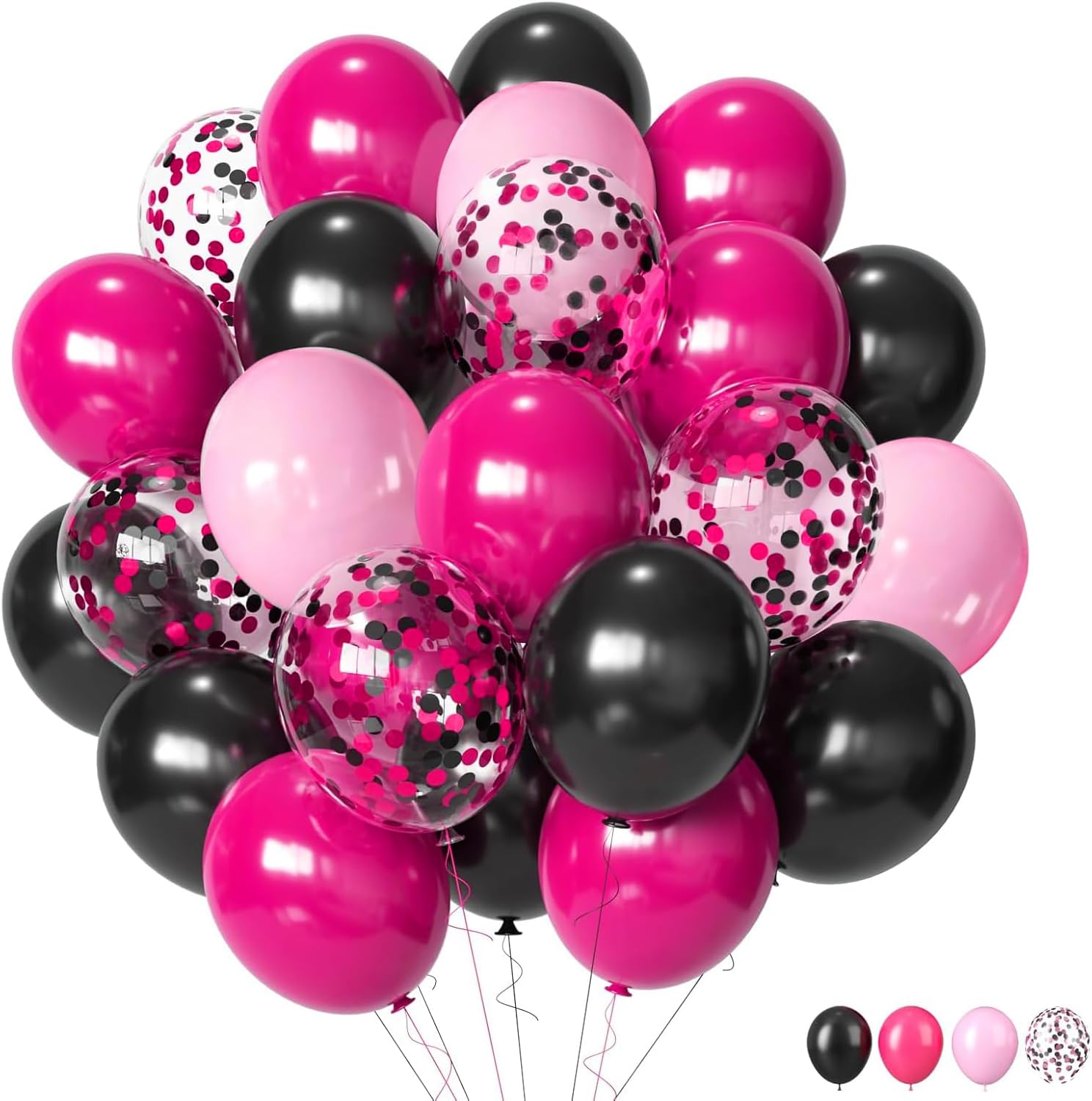 ZOOYOO 50pcs 12 Inch Hot Pink Black and Glitter Confetti Balloons