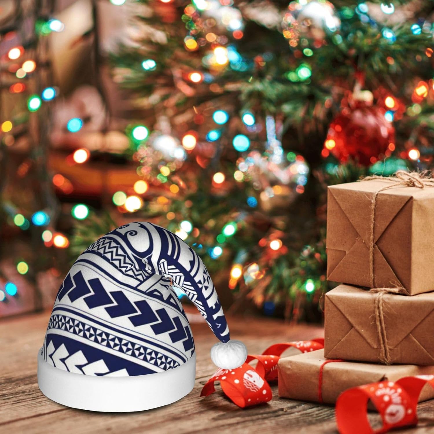 QINZHENG Blue Polynesian Tribal Santa Hat for Women
