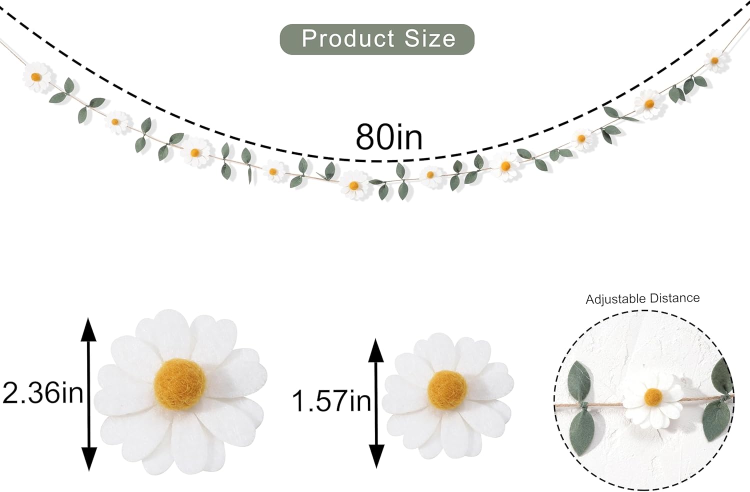 Wool Felt Daisy Chain Banner Garland for Birthday Decorations