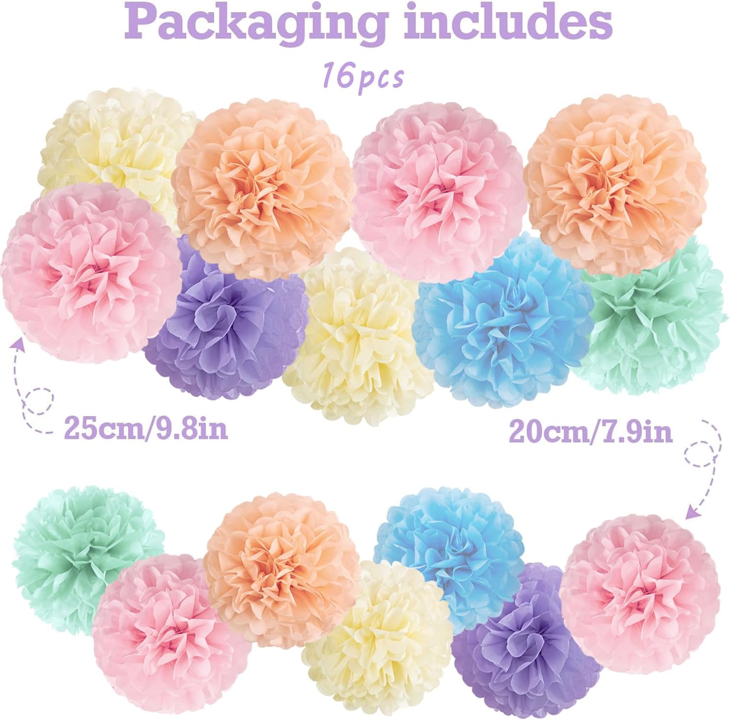 16PCS Pastel Tissue Pom Poms Decorations