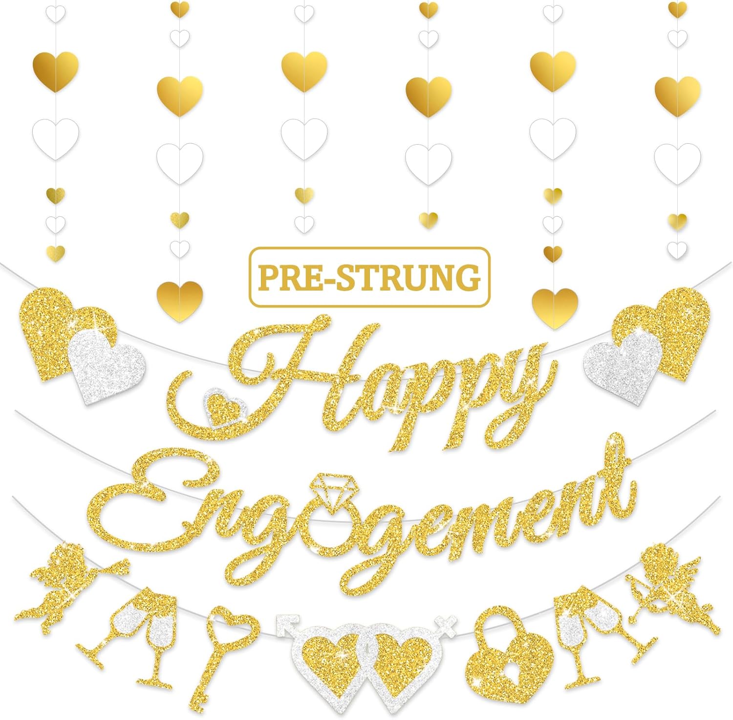 Pre-Strung Glitter Happy Engagement Banner with Heart Garland