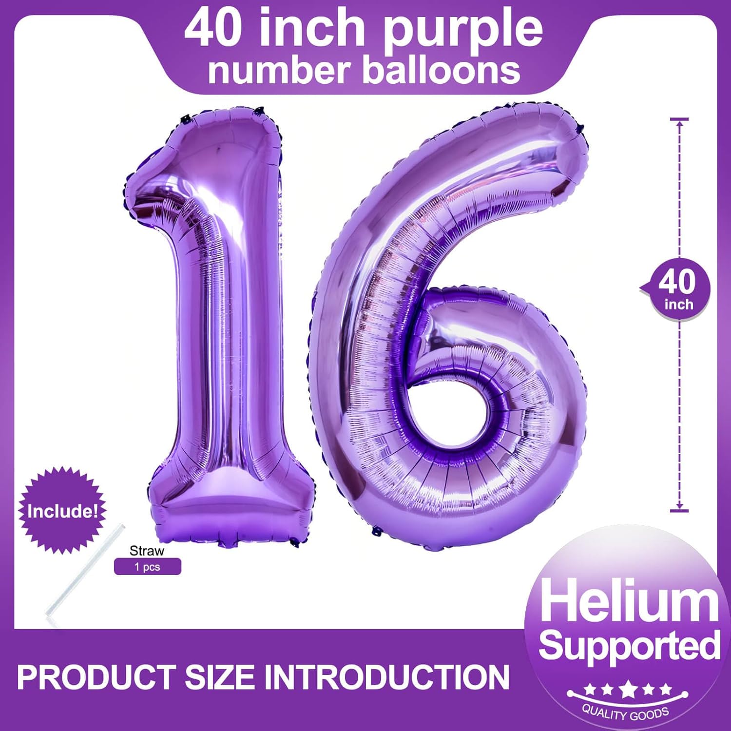LHOAVWE 16th Birthday Purple Foil Balloons 40 Inch Set