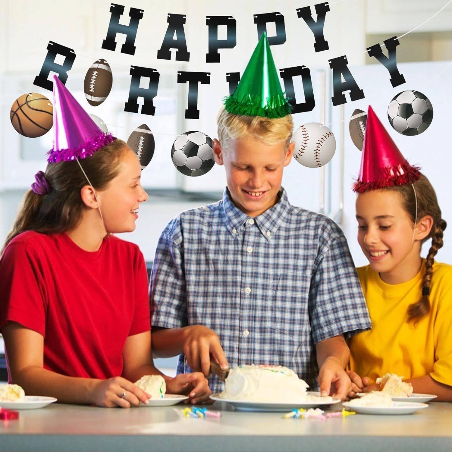 Sports Birthday Banner with Happy Birthday Flags and Balls