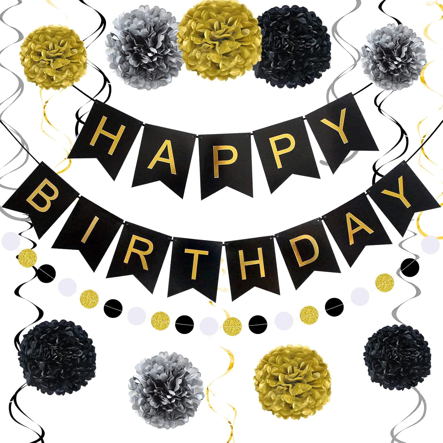 Black and Gold Happy Birthday Banner with Pom Poms and Garland
